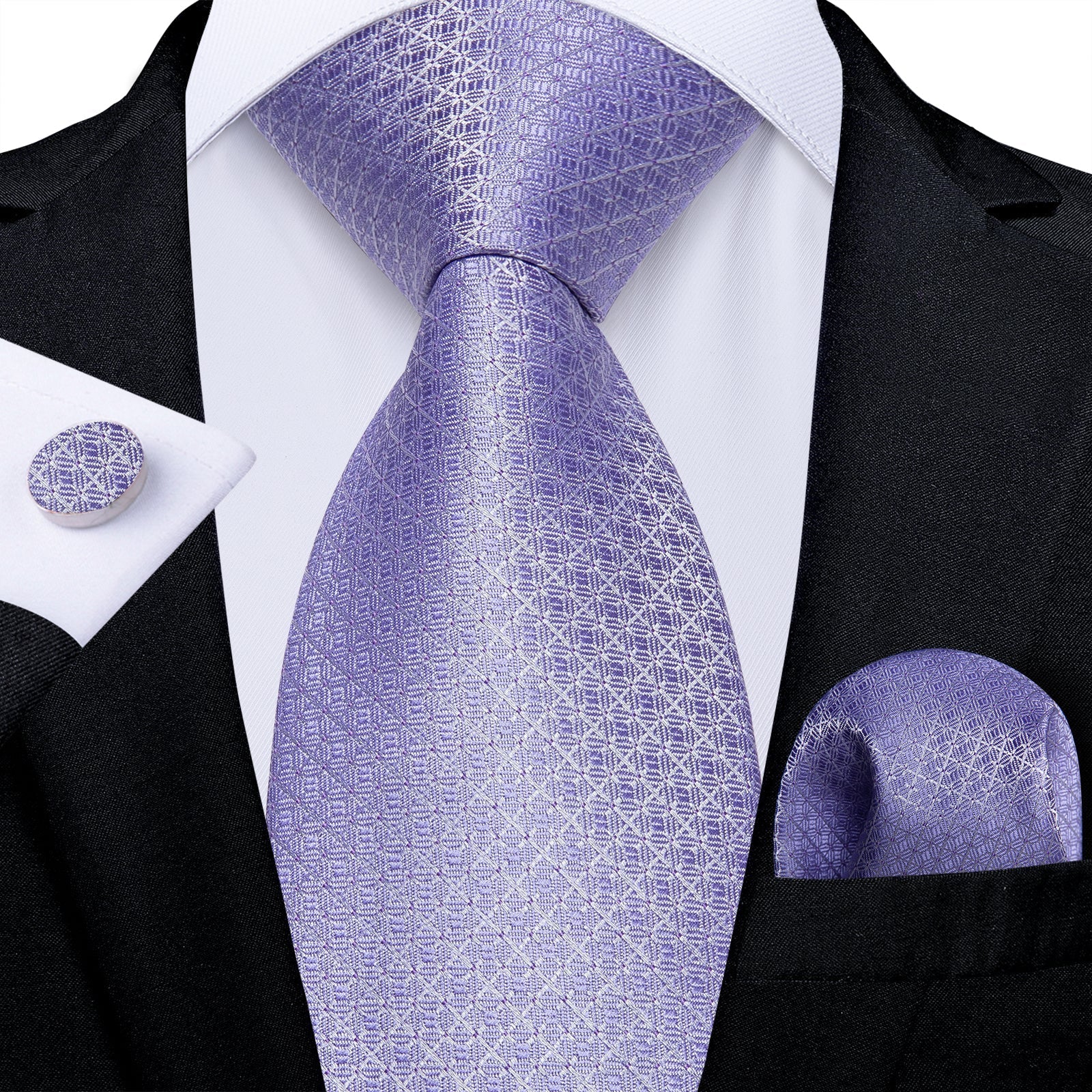 Lavender Plaid Tie, Pocket Square and Cufflinks tie sets Standard packaging   - Sophisticated Gentlemen