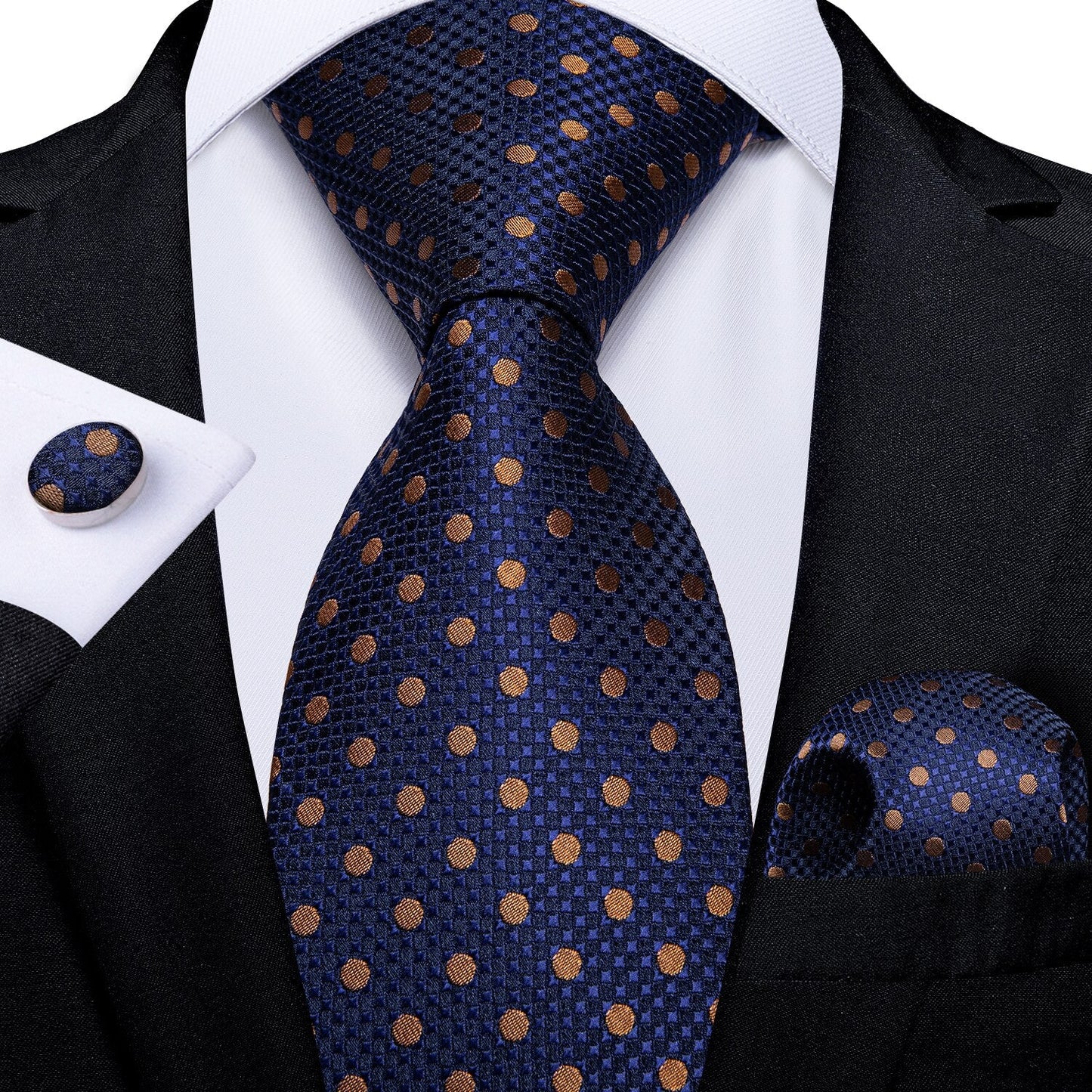 Blue and Gold Polka Dot Tie, Pocket Square and Cufflinks tie sets Standard packaging   - Sophisticated Gentlemen