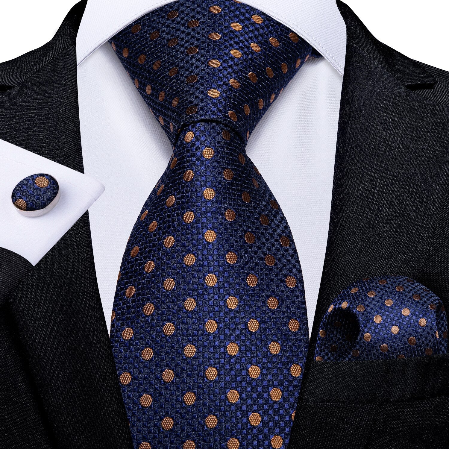 Blue and Gold Polka Dot Tie, Pocket Square and Cufflinks tie sets Standard packaging   - Sophisticated Gentlemen