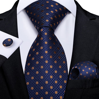 Blue and Gold Polka Dot Tie, Pocket Square and Cufflinks tie sets Standard packaging   - Sophisticated Gentlemen