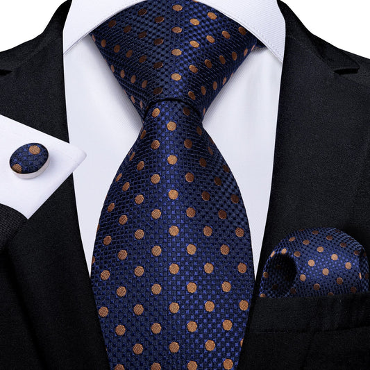 Blue and Gold Polka Dot Tie, Pocket Square and Cufflinks tie sets Standard packaging   - Sophisticated Gentlemen