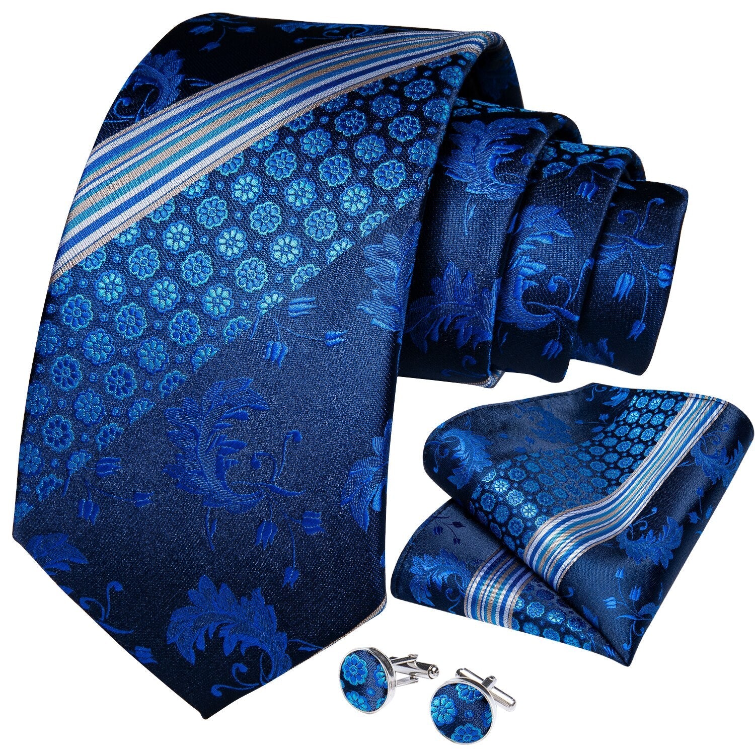 Blue Floral Striped Tie, Pocket Square and Cufflinks tie sets    - Sophisticated Gentlemen