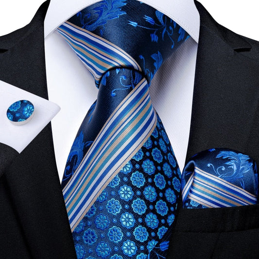 Blue Floral Striped Tie, Pocket Square and Cufflinks tie sets Standard packaging   - Sophisticated Gentlemen