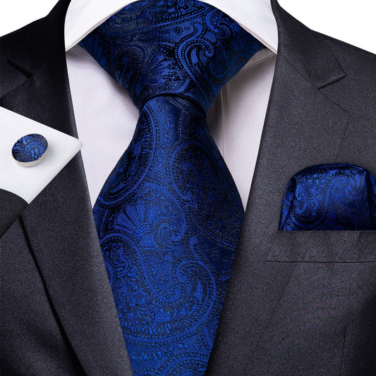 Luxury Blue Paisley Tie, Pocket Square and Cufflinks - SOPHGENT