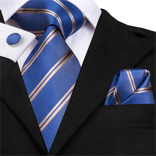 Blue and Gold Striped Tie Set - SOPHGENT