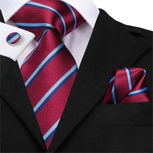 Red with Stripes Tie, Pocket Square and Cufflinks - SOPHGENT