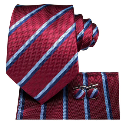 Red with Stripes Tie, Pocket Square and Cufflinks tie sets    - Sophisticated Gentlemen