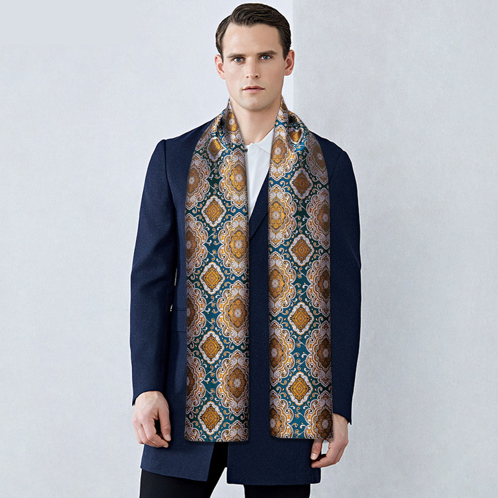 Cyan and Gold Silk Scarf Scarf    - Sophisticated Gentlemen