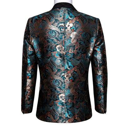 Floral Blue & Gold Double Breasted Tuxedo Jacket tuxedo    - Sophisticated Gentlemen