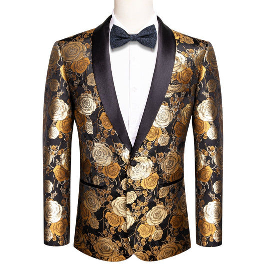 Floral Black & Gold Tuxedo Jacket tuxedo S (38)   - Sophisticated Gentlemen
