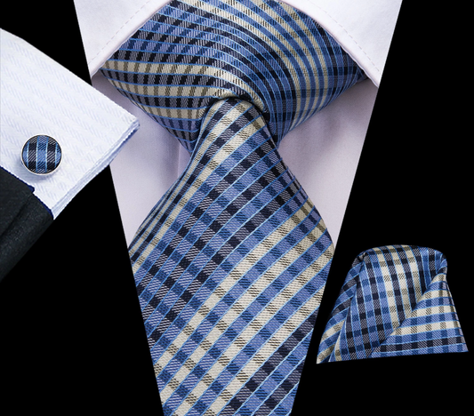 Modern Plaid Silk Tie, Pocket Square and Cufflinks tie sets Standard packaging   - Sophisticated Gentlemen