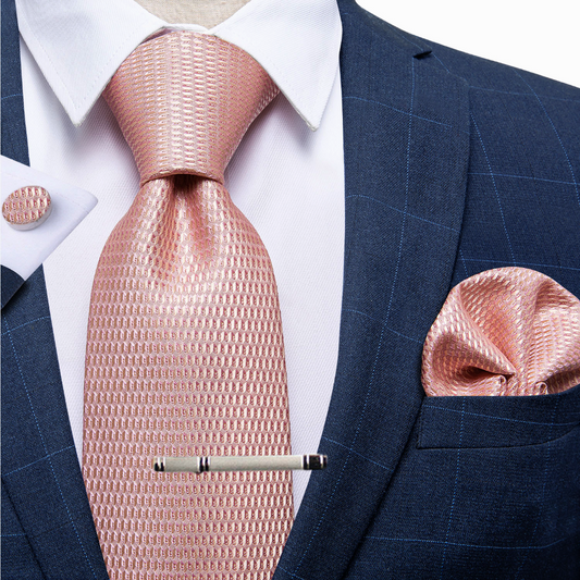 Chic Blush Pink Silk Tie, Pocket Square, and Cufflinks Ensemble