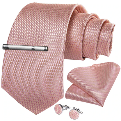 Chic Blush Pink Silk Tie, Pocket Square, and Cufflinks Ensemble
