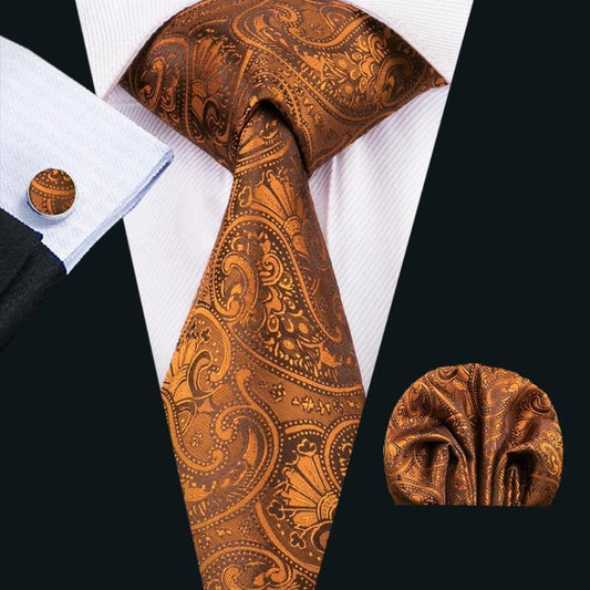 Copper Paisley Tie, Pocket Square and Cufflinks tie sets Standard packaging   - Sophisticated Gentlemen