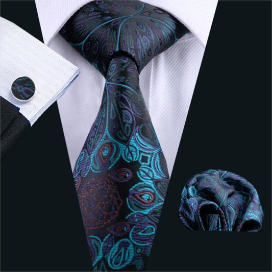 Peacock Dance Tie, Pocket Square and Cufflinks tie sets Standard packaging   - Sophisticated Gentlemen