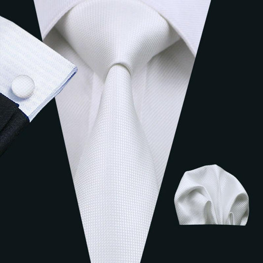 Plain White Tie, Pocket Square and Cufflinks tie sets    - Sophisticated Gentlemen