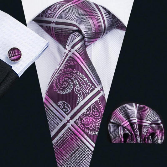 Purple Glen Plaid Silk Tie, Pocket Square and Cufflinks Set tie sets Standard packaging   - Sophisticated Gentlemen