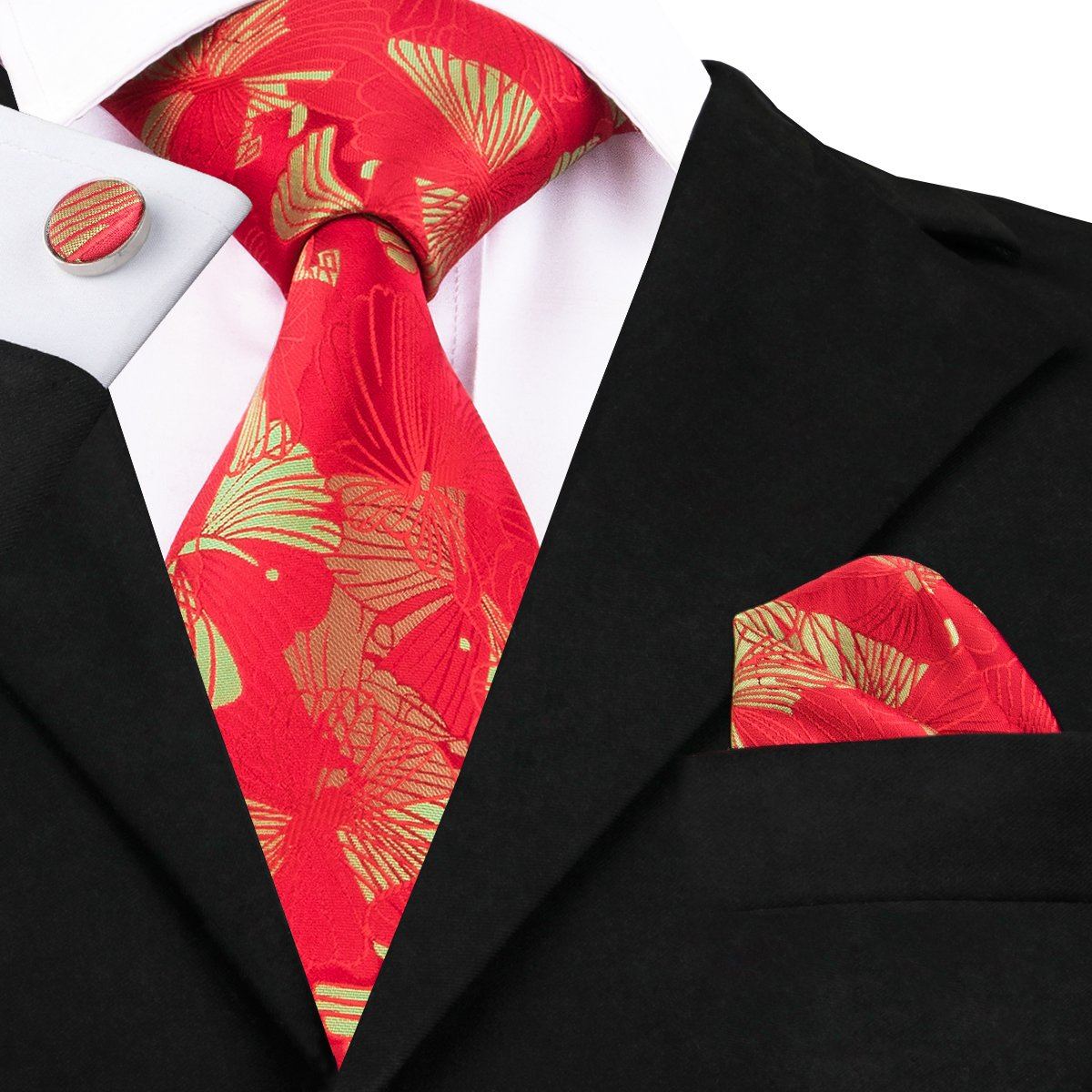 Red Daisy Tie, Pocket Square and Cufflinks tie sets    - Sophisticated Gentlemen