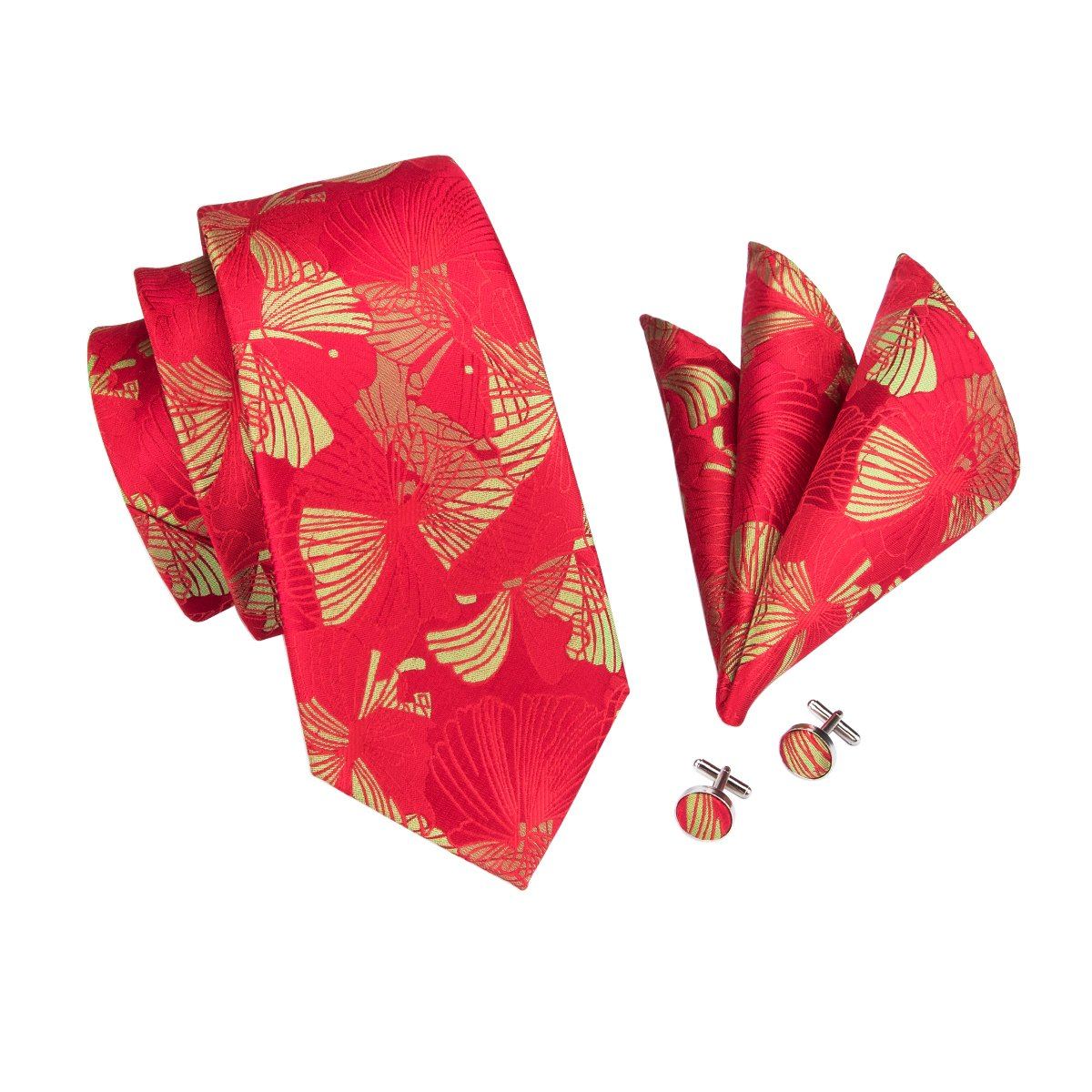 Red Daisy Tie, Pocket Square and Cufflinks tie sets    - Sophisticated Gentlemen