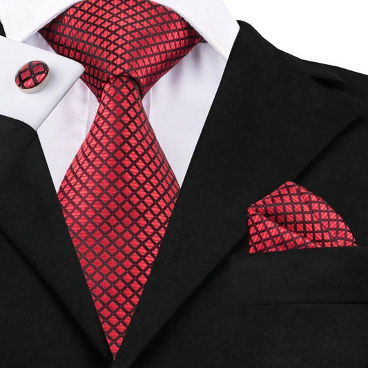 Squares in Red Tie, Pocket Square and Cufflinks Set tie sets    - Sophisticated Gentlemen