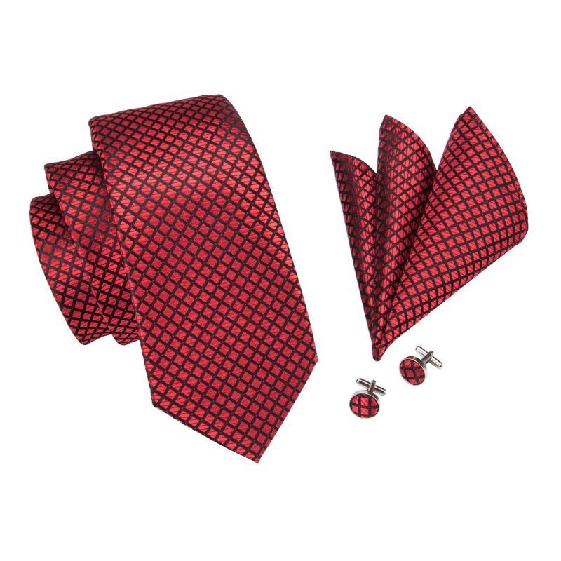 Squares in Red Tie, Pocket Square and Cufflinks Set tie sets    - Sophisticated Gentlemen
