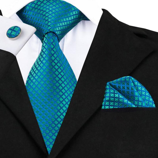 Squares in Turquoise Tie, Pocket Square and Cufflinks Set tie sets Standard packaging   - Sophisticated Gentlemen