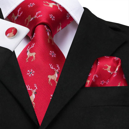 Snowflakes and Deers Tie, Pocket Square and Cufflinks tie sets Standard packaging   - Sophisticated Gentlemen