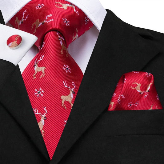Snowflakes and Deers Tie, Pocket Square and Cufflinks tie sets Standard packaging   - Sophisticated Gentlemen