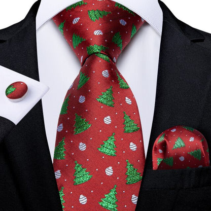 Christmas Balls and Trees Tie, Pocket Square and Cufflinks in Red tie sets Standard packaging   - Sophisticated Gentlemen