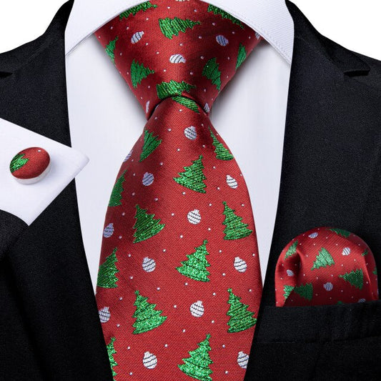 Christmas Balls and Trees Tie, Pocket Square and Cufflinks in Red tie sets Standard packaging   - Sophisticated Gentlemen
