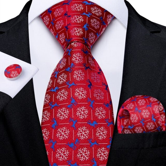 Snowflakes and Deers Christmas Tie, Pocket Square and Cufflinks tie set Standard packaging   - Sophisticated Gentlemen