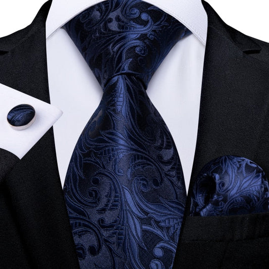 Midnight Blue Floral Tie, Pocket Square and Cufflinks tie sets Standard packaging   - Sophisticated Gentlemen