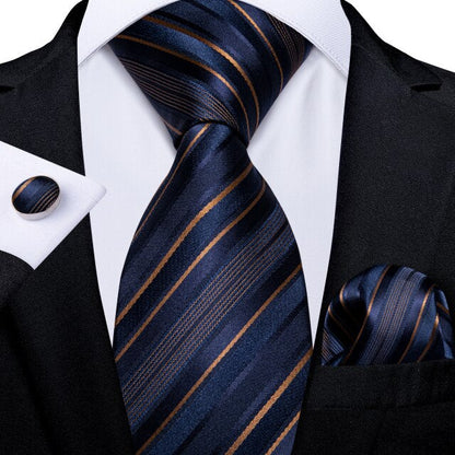 Gold Stripes Tie, Pocket Square and Cufflinks tie sets Standard packaging   - Sophisticated Gentlemen