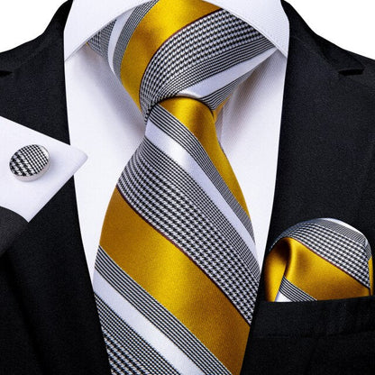 Gold Stripe Silk Tie, Pocket Square and Cufflinks tie sets Standard packaging   - Sophisticated Gentlemen