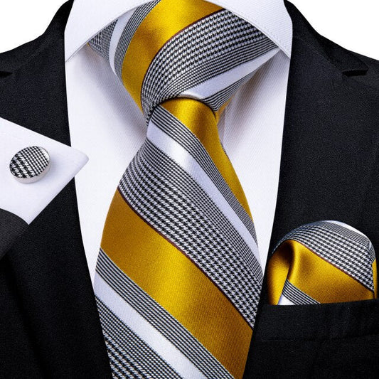 Gold Stripe Silk Tie, Pocket Square and Cufflinks tie sets Standard packaging   - Sophisticated Gentlemen