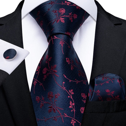 Navy Blue Floral Tie, Pocket Square and Cufflinks tie sets Standard packaging   - Sophisticated Gentlemen