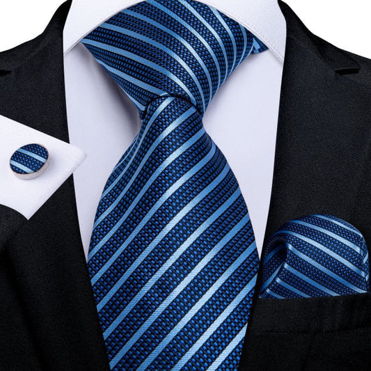 Premium Blue Striped Tie, Pocket Square and Cufflinks tie sets Standard packaging   - Sophisticated Gentlemen