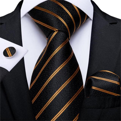 Gold and Black Paisley Tie, Pocket Square and Cufflinks tie sets Standard packaging   - Sophisticated Gentlemen