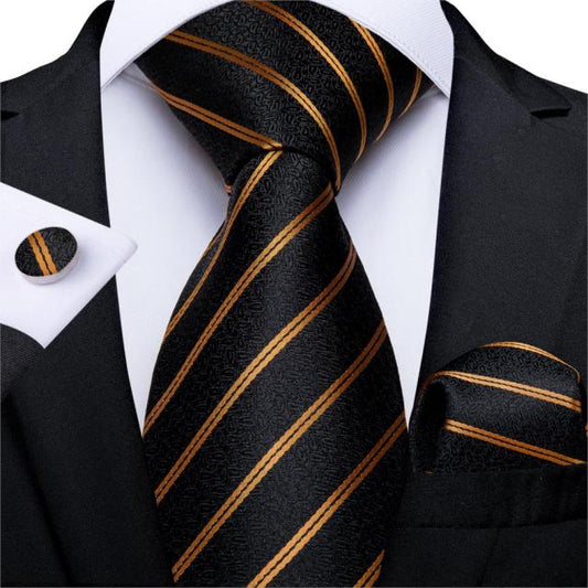 Gold and Black Paisley Tie, Pocket Square and Cufflinks tie sets Standard packaging   - Sophisticated Gentlemen