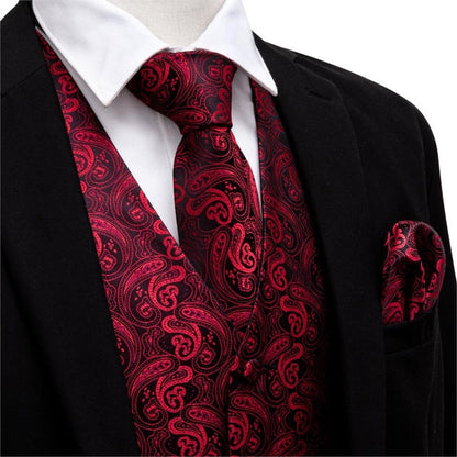 Red and Black Paisley 4-Piece Vest Set vest set S   - Sophisticated Gentlemen