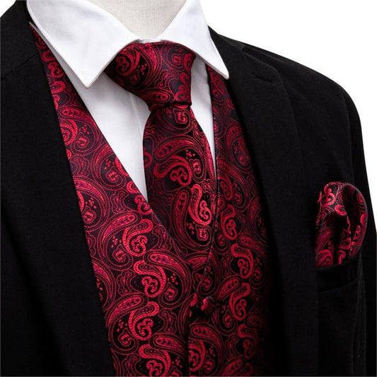 Red and Black Paisley 4-Piece Vest Set vest set S   - Sophisticated Gentlemen