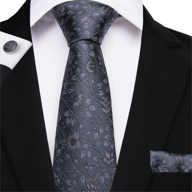 Gray Garden Tie, Pocket Square and Cufflinks tie sets    - Sophisticated Gentlemen