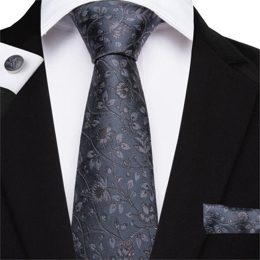 Gray Garden Tie, Pocket Square and Cufflinks tie sets    - Sophisticated Gentlemen