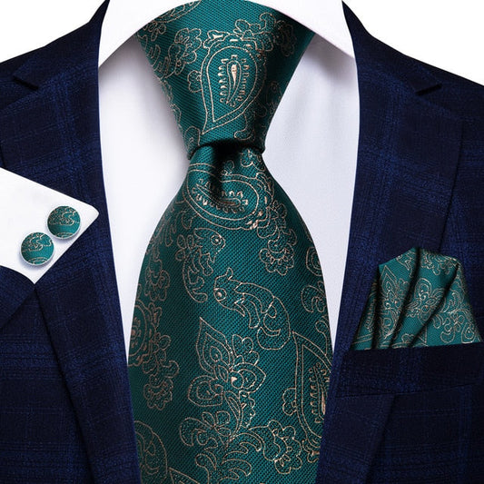 Green Ornamented Tie, Pocket Square and Cufflinks tie sets Standard packaging   - Sophisticated Gentlemen