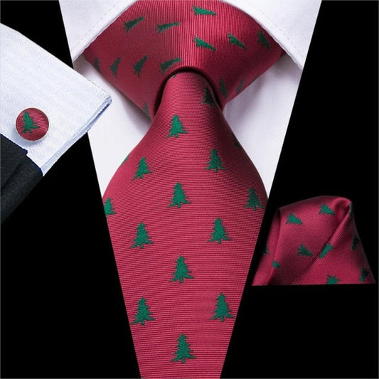 Christmas Trees On Cardinal Tie, Pocket Square and Cufflinks tie sets Standard packaging   - Sophisticated Gentlemen